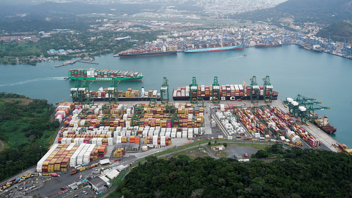 An aerial view shows containers at the Balboa Port, operated by Panama Ports Company, at the Panama Canal, in Panama City, Panama, 1 Feb | Reuters/Enea Lebrun