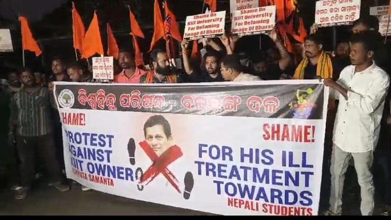 Bajrang Dal men protest outside KIIT campus amid heavy security, burn founder Achyuta Samanta’s effigy