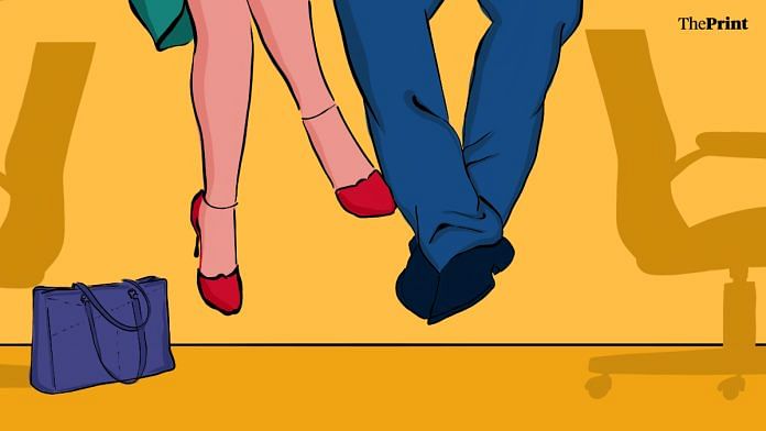 An illustration of a couple with a purse and office chairs, indicating an office romance