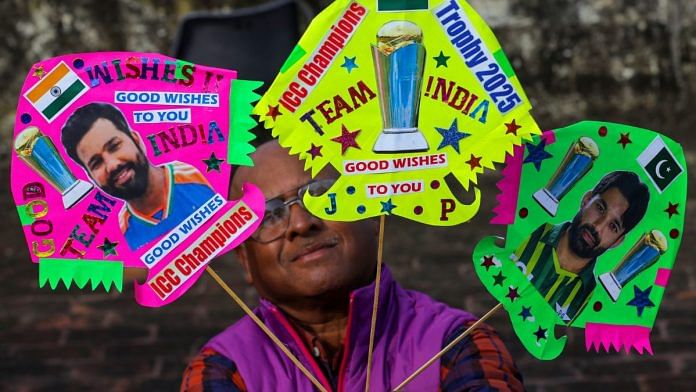 Famous kite-maker Jagmohan Kanojia displays his new kites ahead of the ICC Champions Trophy 2025 India-Pakistan match in Amritsar, Saturday. | ANI