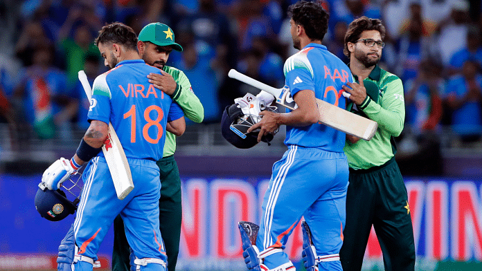 Virat Kohli and Axar Patel with Pakistan's Babar Azam and Imam-ul-Haq after India's win in the ICC Champions Trophy 2025 Group A match, at Dubai International Cricket Stadium on Sunday | ANI