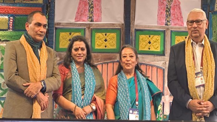 From left: Authors Sudeep Chakravarti and Sreeradha Datta, host Riva Ganguly Das, and former high commissioner of India to Bangladesh Pinak Ranjan Chakraborty at JLF | Madhurita Goswami | ThePrint