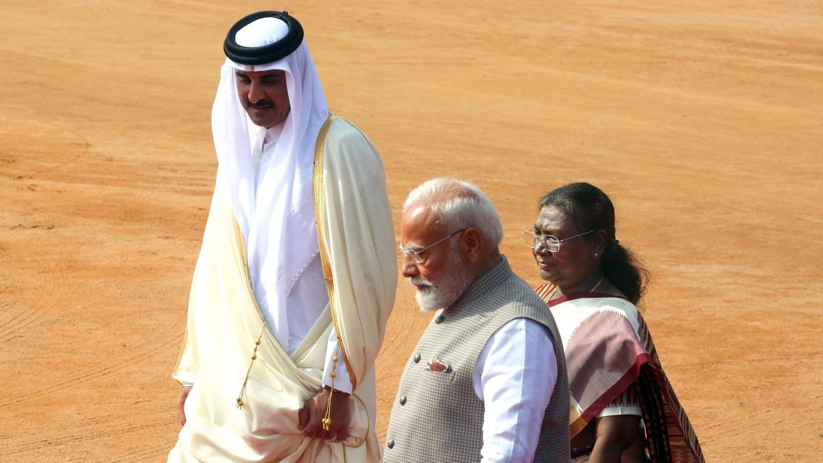 PM Modi and President Murmu with the Amir of Qatar at the Rashtrapati Bhavan | Praveen Jain | ThePrint