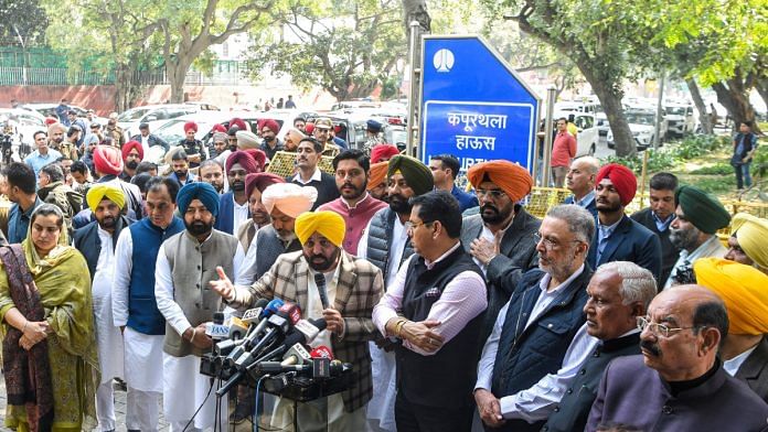 Punjab Chief Minister Bhagwant Mann speaks to the media after meeting AAP chief Arvind Kejriwal at Kapurthala House in New Delhi Tuesday | ANI/Shrikant Singh