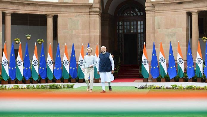 Prime Minister Narendra Modi with European Commission President Ursula von der Leyen before a meeting at Hyderabad House in New Delhi Friday | Photo: Praveen Jain/ThePrint