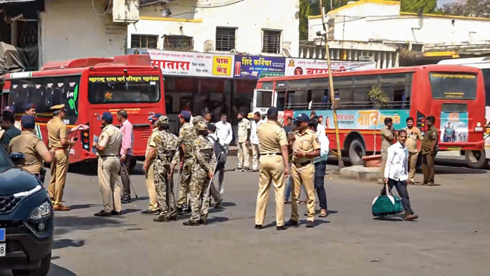 Police personnel at the Swargate Bus Stand after the alleged rape of a 26-year-old woman inside a Maharashtra State Road Transport Corporation (MSRTC) bus, in Pune, Thursday, Feb. 27, 2025 | PTI