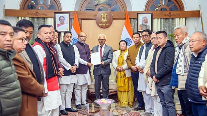 N. Biren Singh hands over the letter of resignation from the post of chief minister to Governor Ajay Kumar Bhalla at Raj Bhavan in Imphal Sunday | ANI