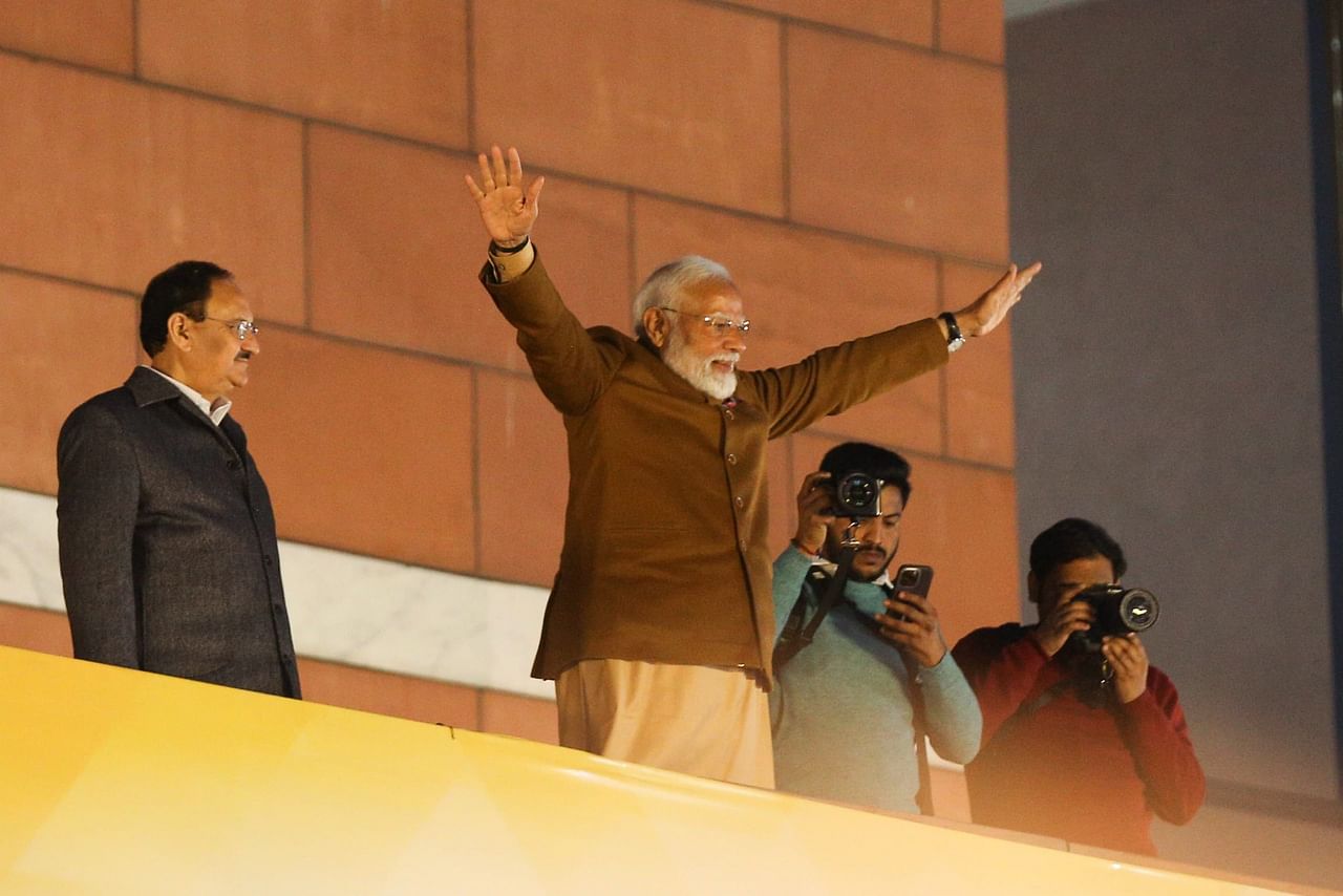 PM Modi waves to the crowd at BJP HQ | Suraj Singh Bisht | ThePrint