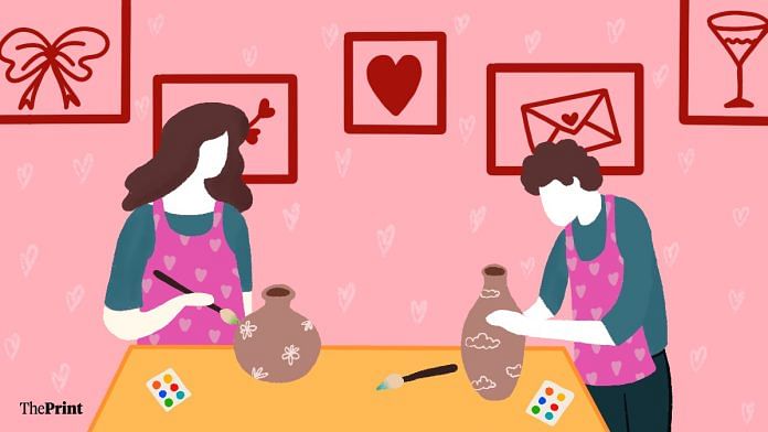 A couple on a pottery date.