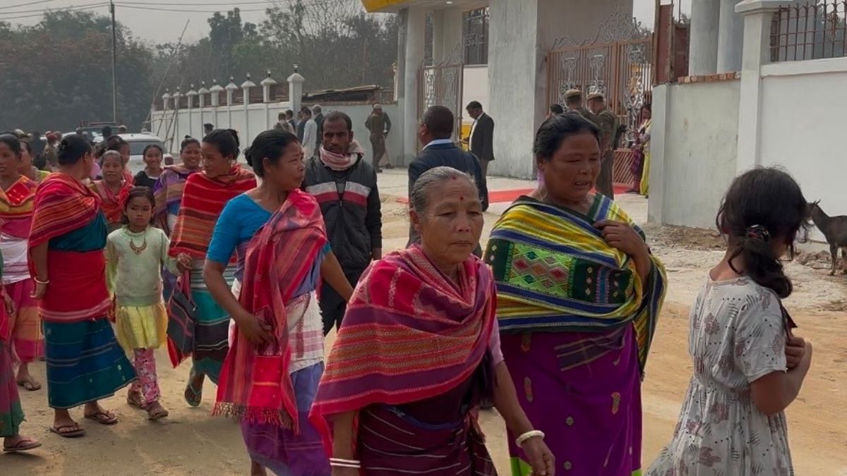 Rabha women in traditional Kambang attire at Kokrajhar public gathering