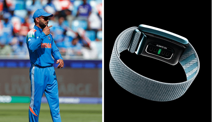 India's Virat Kohli gestures during the ICC Champions Trophy 2025- Group A match against Pakistan, at Dubai International Cricket Stadium in Dubai on 23 February 2025 and a WHOOP smart watch. | ANI and X\@WHOOP