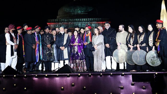 Prime Minister Narendra Modi with artists at the 25th anniversary of Sufi music festival 'Jahan-E-Khusrau', at Sunder Nursery in New Delhi on Friday | ANI