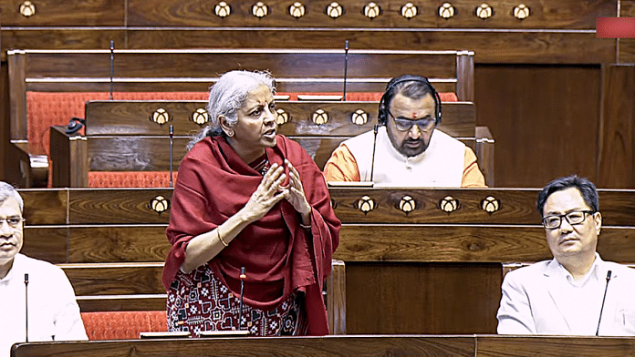 Union Finance Minister Nirmala Sitharaman speaks in the Rajya Sabha during the Budget Session, in New Delhi on Tuesday | ANI