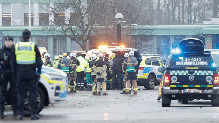 Emergency personnel and police officers work at the adult education center Campus Risbergska school after a shooting attack in Orebro, Sweden, on 4 February 2025. | TT News Agency | Kicki Nilsson via Reuters