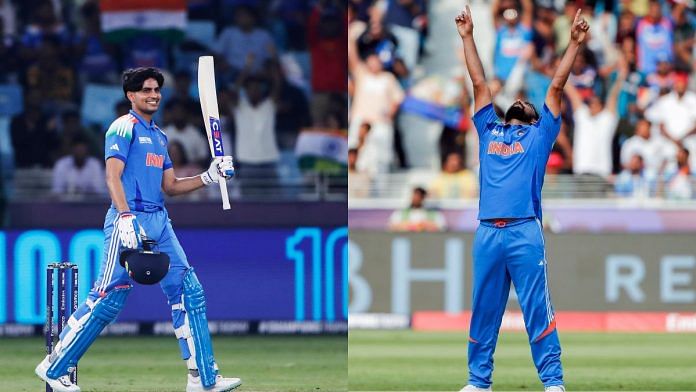 Shubman Gill (L) celebrates his century & Mohammed Shami (R) reacts after a dismissal during the match against Bangladesh in ICC Champions Trophy 2025 at Dubai International Cricket Stadium Thursday | ANI