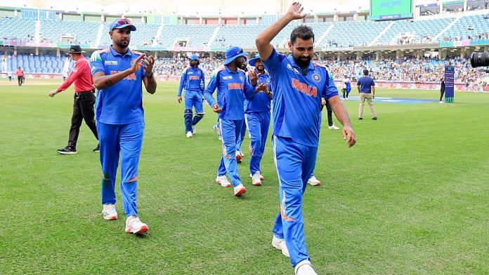 Shami after a five-wicket haul during the ICC Champions Trophy 2025 cricket match against Bangladesh at Dubai International Cricket Stadium Thursday | ANI