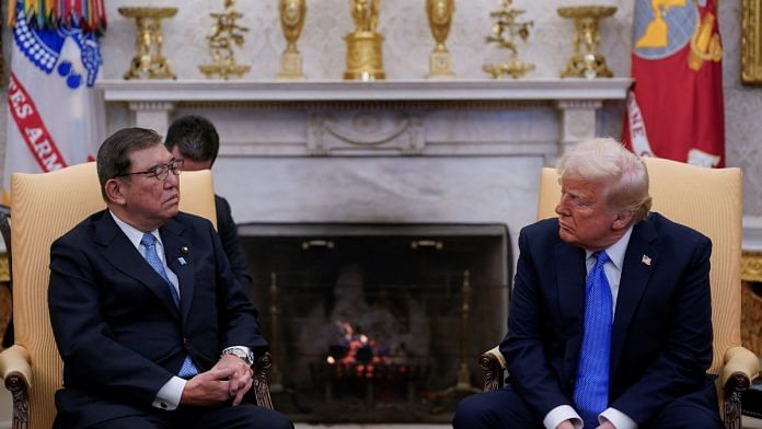 US President Donald Trump with Japanese PM Shigeru Ishiba at the White House in Washington on 17 Feb, 2025 | Reuters