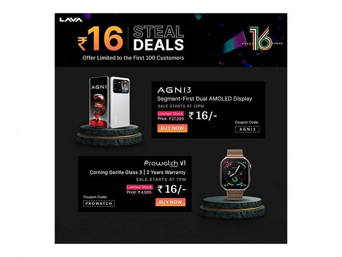Lava Celebrates 16th Anniversary with Rs.16 Steal Deals on Lava Agni 3 5G & Prowatch V1