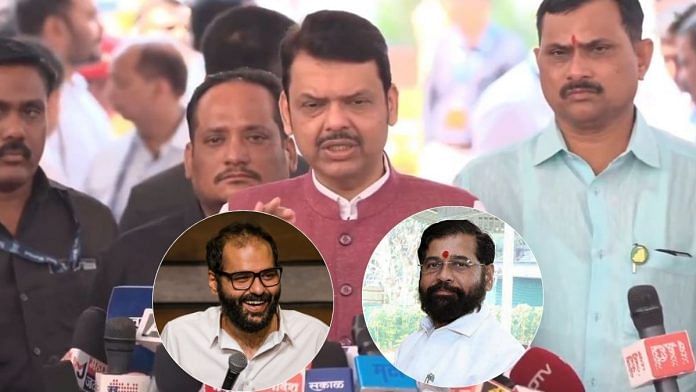 CM Devendra Fadnavis speaks outside Maharashtra Assembly; Kunal Kamra & Eknath Shinde. | X, Wikimedia Commons & ANI