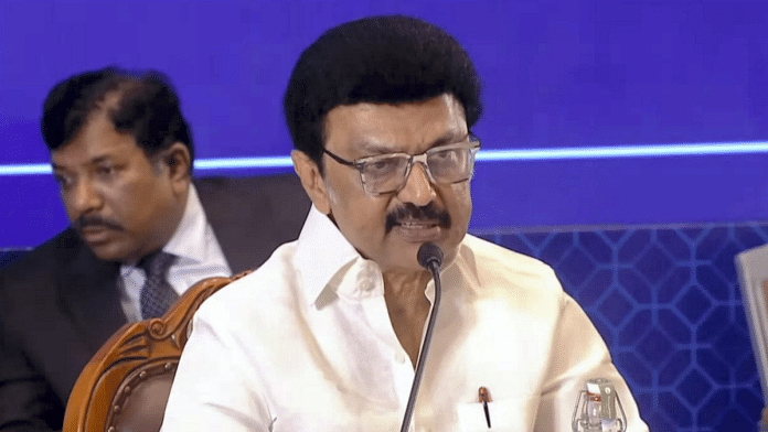 In this screengrab from a video posted by @TNDIPR21 via Youtube on Saturday, March 22, 2025, Tamil Nadu Chief Minister MK Stalin addresses the joint action committee meeting on the issue of Lok Sabha constituency delimitation, in Chennai | PTI