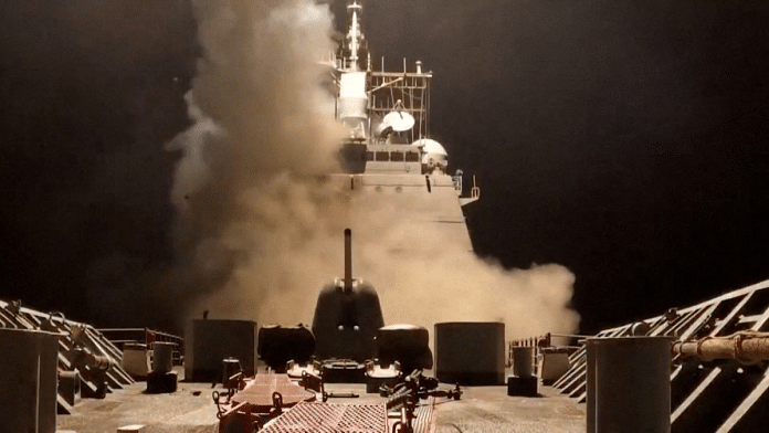 A ship fires missiles at an undisclosed location, after Trump launched military strikes against Yemen's Iran-aligned Houthis on Saturday over the group's attacks against Red Sea shipping | U.S. Central Command/Handout via Reuters