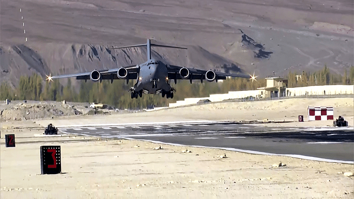 Indian Air Force's C-17 Globemaster transport aircraft landing at the Leh airbase with supplies for troops deployed in forwarding areas in Leh, 10 October 2020 | ANI file photo