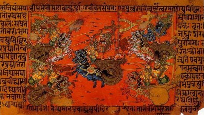 A manuscript illustration of the battle of Kurukshetra, fought between the Kauravas and the Pandavas, recorded in the Mahabharata. c. 1700 – c. 1800 CE | Commons