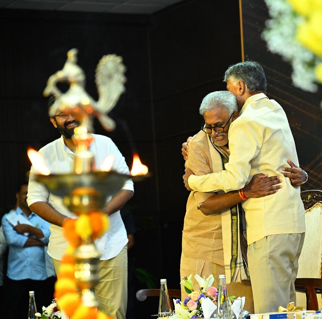 N. Chandrababu Naidu hugs Daggubati Venkateswara Rao at the launch of Daggubati's book | Photo: Special arrangement