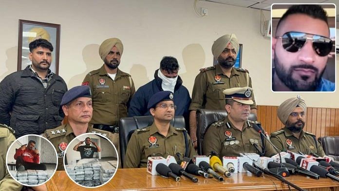 The Punjab Police team that arrested Shawn Bhinder (in sunglasses), and Amrit and Cheena, who were arrested in the US, pose with guns and drugs. | By Special Arrangement | ThePrint