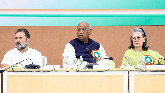 Congress President Mallikarjun Kharge, Lok Sabha LoP and party MP Rahul Gandhi & party Parliamentary Chairperson Sonia Gandhi during the extended Congress Working Committee (CWC) meeting, in Ahmedabad on 8 April 2025. | ANI