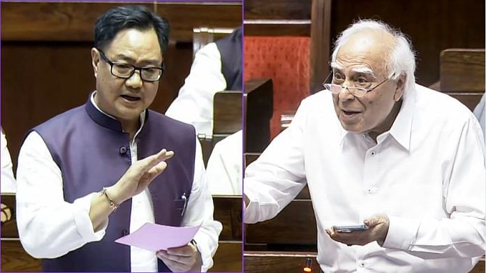 Union Minister Kiren Rijiju and MP Kapil Sibal speaking in Rajya Sabha Thursday | ANI