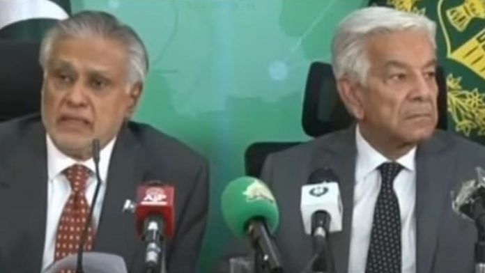 Pakistan Foreign Minister Ishaq Dar and Defence Minister Khwaja Asif addressing press conference in Islamabad on 24 April, 2025 | X