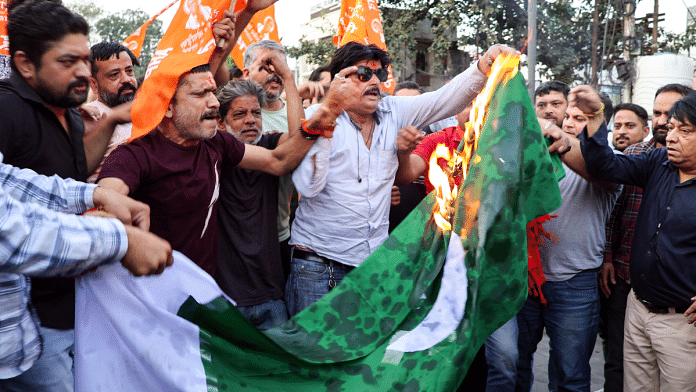 Rashtriya Bajrang Dal members stage a protest in the wake of the Pahalgam terror attack, in Jammu on Tuesday, 22 April 2025. | ANI
