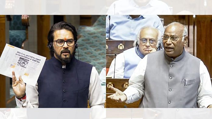 Union Minister Anurag Thakur and Leader of the Opposition in the Rajya Sabha Mallikarjun Kharge. | ANI
