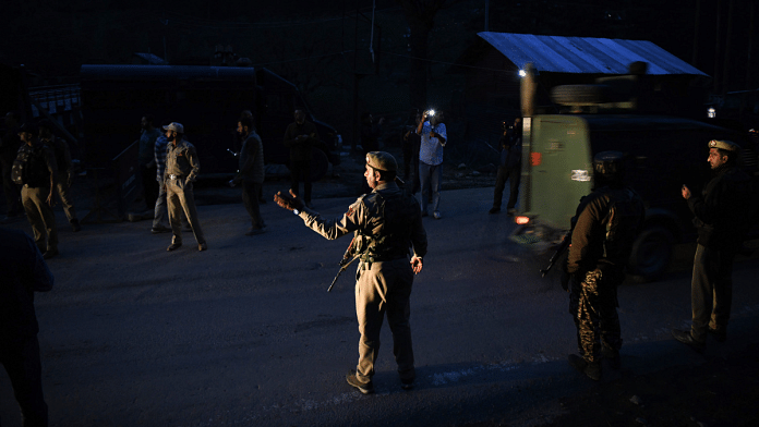 Security personnel stand guard at a check post in J&K's Pahalgam after terrorists targeted tourists, on Tuesday, 22 April 2025. | ANI