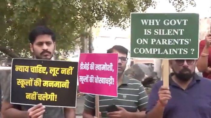 A protest against fee hike outside DPS Dwarka | Screenshot from ANI