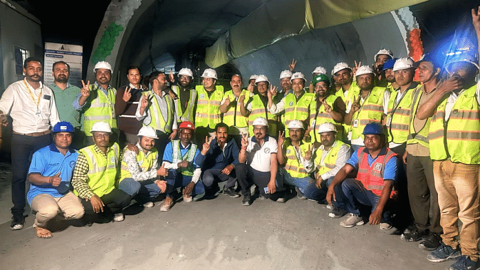 Workers and officials after the Silkyara tunnel breathrough at Uttarkashi on Wednesday | By Special Arrangment
