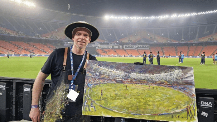 British artist Andy Brown at an IPL match in Ahmedabad's Narendra Modi stadium | X/@andybisanartist