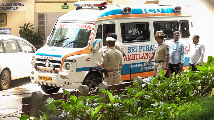 An ambulance takes away the mortal remains of former DGP of Karnataka Om Prakash after post-mortem at St John's Medical College Hospital in Bengaluru, Monday | PTI