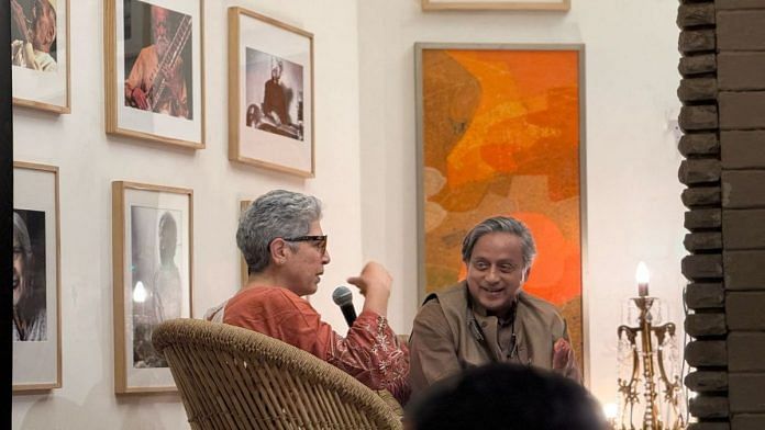 Congress MP Shashi Tharoor in conversation with historian Rana Safwi at 'Pehlu' in New Delhi Thursday | Zenaira Bakhsh | ThePrint
