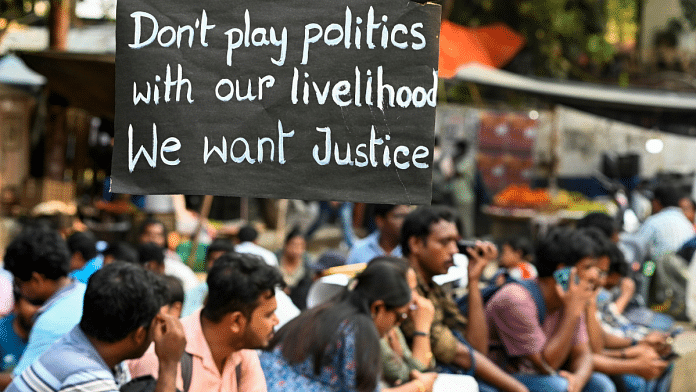Teachers and non-teaching staff, dismissed from government-aided schools, during their sit-in protest in Kolkata, Thursday, April 17,2025 | File photo | PTI