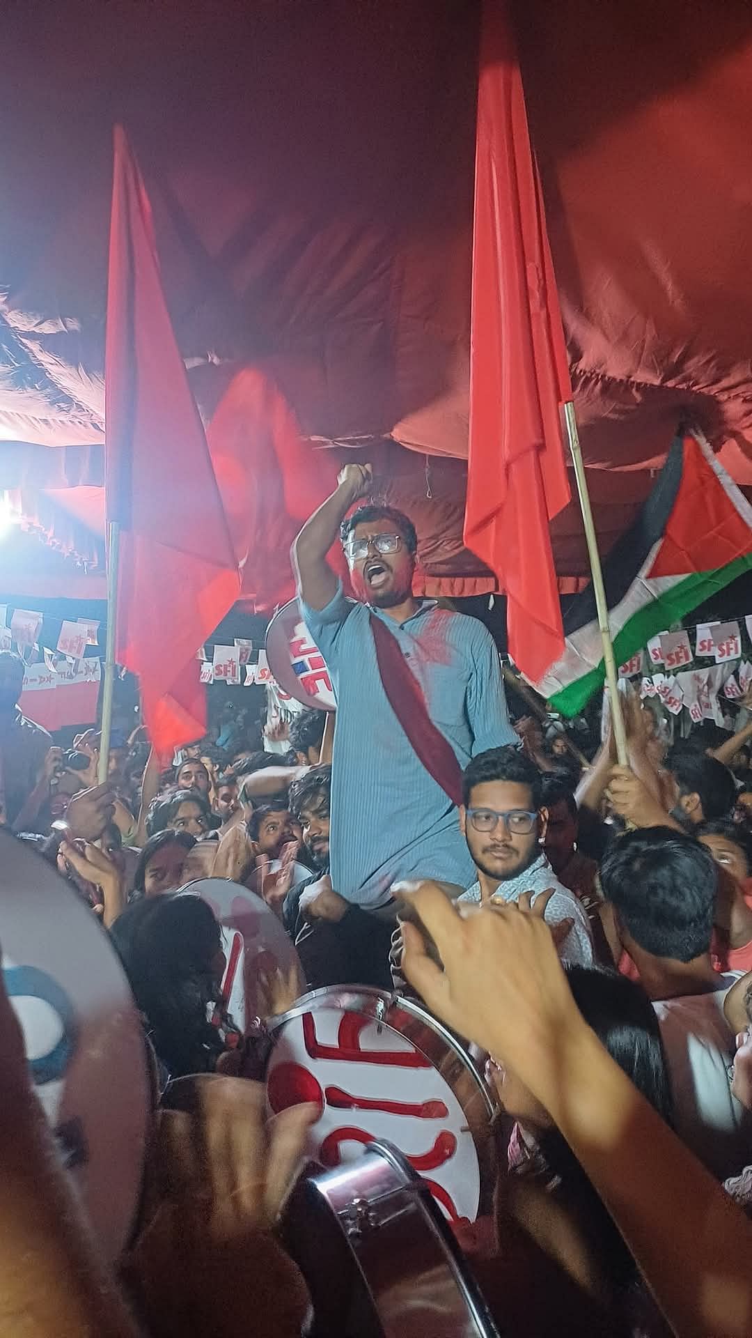 AISA-DSF United Left Panel supporters celebrate the alliance's victory on three of the four central students' panel positions in JNUSU polls | AISA