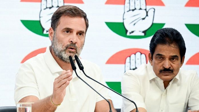 Lok Sabha LoP and Congress MP Rahul Gandhi addresses a press conference, at AICC Office in New Delhi on Wednesday. Party General Secretary (Organisation) KC Venugopal also present | ANI/Jitender Gupta
