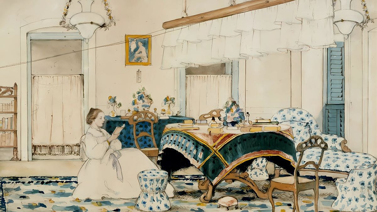 A woman reading under a punkah;<br />Berhampore, West Bengal, India;<br /> 1863; Watercolour: Wikimedia<br /> Commons