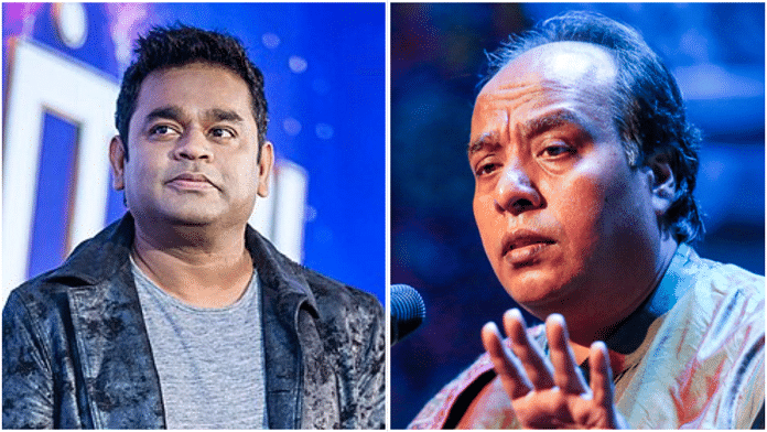 Indian singer A R Rahman (left) and classical singer Ustad Faiyaz Wasifuddin Dagar (right) | Commons/darbar.org