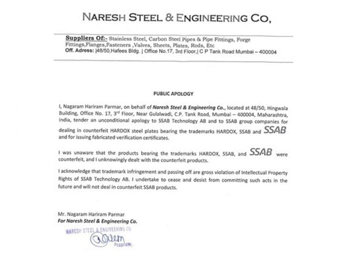 Steelmaker SSAB, the Manufacturer of Hardox® Wear Plate, Cracks Down on Trademark Infringement in India