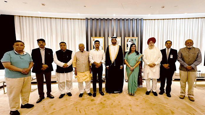 In this image posted by @IndembAbuDhabi via X on May 22, 2025, members of a multi-party delegation including Shiv Sena MP Shrikant Shinde, BJP MPs Bansuri Swaraj, Manan Mishra and Atul Garg, BJD MP Sasmit Patra, IUML MP E T Mohammad Basheer, former Union minister S S Ahluwalia and former diplomat Sujan Chinoy after being received by a Member of the Federal National Council Ahmed Mir Khoori and Ambassador of India to the United Arab Emirates (UAE) Sunjay Sudhir upon reaching UAE | PTI