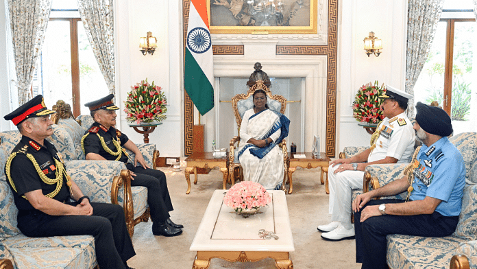 Chief of Defence Staff General Anil Chauhan along with Chief of the Army Staff General Upendra Dwivedi, Chief of the Air Staff Air Chief Marshal A. P. Singh and Chief of the Naval Staff Admiral Dinesh K. Tripathi calls on President Droupadi Murmu to brief her about Operation Sindoor, in New Delhi on Wednesday, 14 May. | ANI