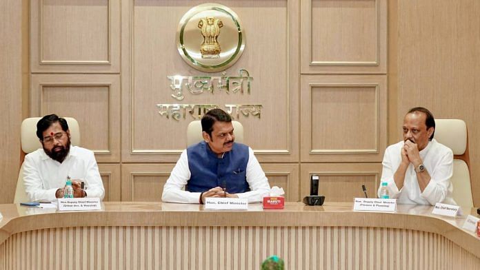 Maharashtra Chief Minister Devendra Fadnavis with deputy CM and housing minister Eknath Shinde and other deputy Ajit Pawar | Photo: ANI