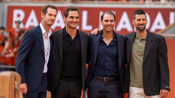 14-times French Open champion Rafael Nadal honoured at Roland Garros, with friends and rivals Novak Djokovic, Roger Federer and Andy Murray joining him on court for the celebration on 25 May 2025. | Susan Mullane-Imagn Images | Reuters